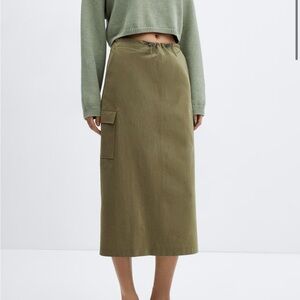Mango Khaki Green Midi Skirt With Cargo Pockets